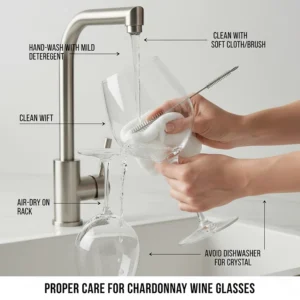 Illustration showing the proper care and cleaning of a crystal Chardonnay wine glass.