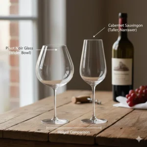 Outline comparison showing the height and width differences of Pinot Noir and Cabernet glasses.