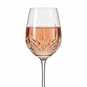 Elegant crystal rose wine glass catching the light to show clarity and thin-walled construction.