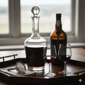 A crystal decanter next to filled Port wine glasses on a tray.