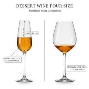 Infographic showing the standard three-ounce pour in a specialized dessert wine glass compared to a standard wine glass.
