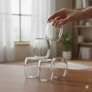 Illustration showing the ergonomic grip and shatter-resistant design of modern stemless glassware.