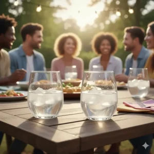 Durable stemless white wine glasses being used for an outdoor summer party on a patio.