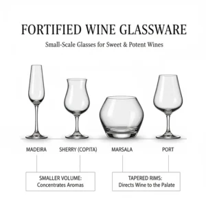 A lineup of small-scale glassware specifically designed for sipping fortified dessert wines like Madeira and Marsala.