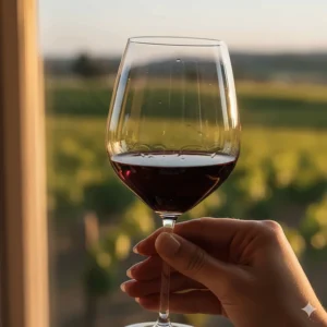 Close-up of a thin-walled, hand-blown crystal glass designed for Pinot Noir aeration.