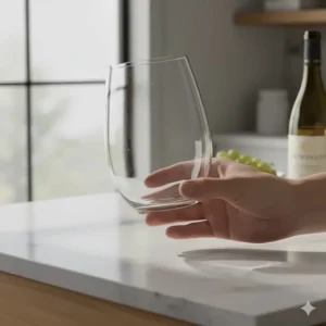 A hand comfortably holding a stemless white wine glass to demonstrate the secure, easy-grip design.