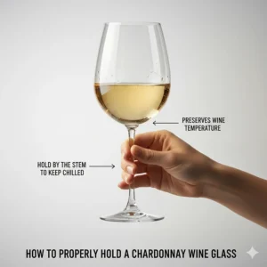 Illustration demonstrating the correct way to hold a Chardonnay wine glass by the stem to keep the wine cool.