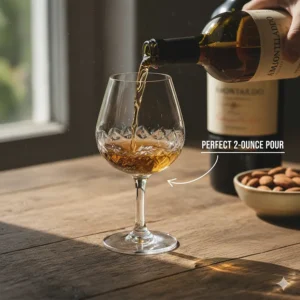 An illustration demonstrating the correct 2-ounce pour level in a stemmed sherry wine glass.