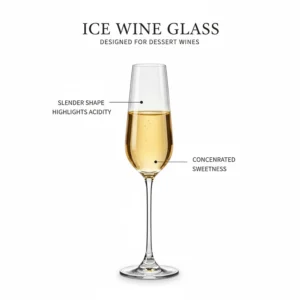 Illustration of a slender ice wine glass designed to highlight the high acidity and sugar content of dessert wines.