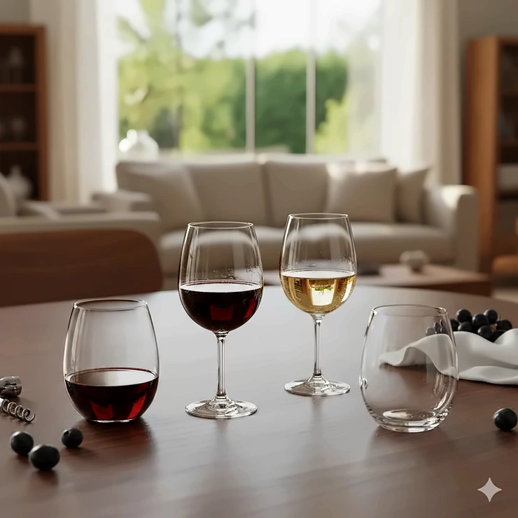 A pair of elegant crystal stemless wine glasses filled with red wine on a dark wooden tabletop.