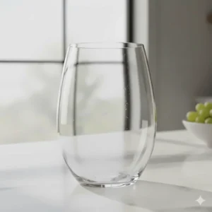 Close-up view of a modern stemless white wine glass showing the thin rim and ergonomic bowl shape.