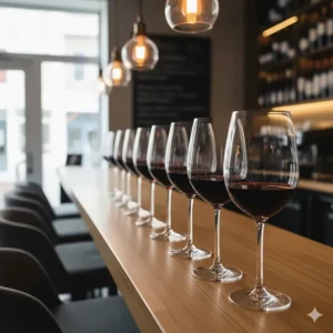 A cozy, modern wine bar interior with several glasses of red wine lined up on a polished counter.