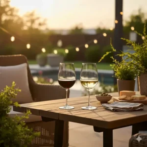 Stemless wine glasses set on an outdoor patio table during a summer sunset.