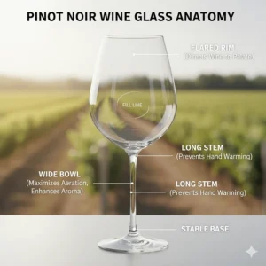 Diagram showing the wide bowl and tapered rim of a standard Pinot Noir wine glass.