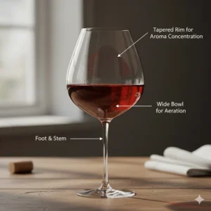 Illustration showing the wide bowl and tapered rim of a classic Pinot Noir wine glass.