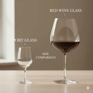 Side-by-side comparison of a small Port glass next to a large Cabernet wine glass.