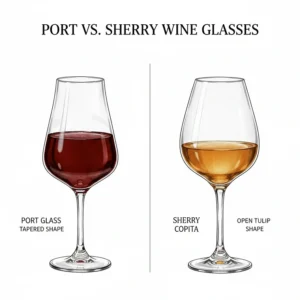 Illustration comparing the tapered shape of a Port glass with the slightly more open tulip shape of a Sherry copita.