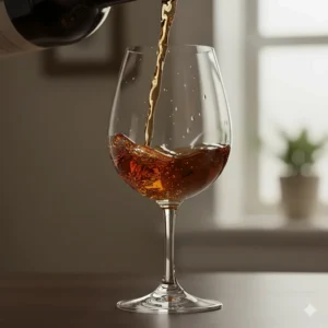 Close-up of amber-colored Tawny Port being poured into a stemmed Port glass.