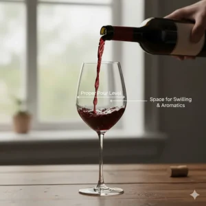 Illustration of the correct pour level for red wine in a large Cabernet Sauvignon glass.