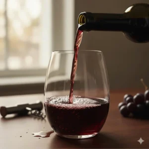 Close-up of Cabernet Sauvignon being poured into a wide-bowl stemless wine glass.