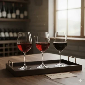 Three small glasses of different red wine varieties arranged in a tasting flight on a wooden tray.