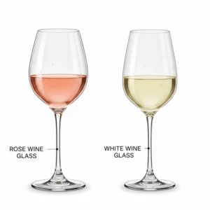 Side-by-side illustration comparing a rose wine glass shape to a standard white wine glass.