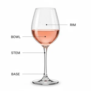 Technical diagram showing the rim, bowl, stem, and base of a standard rose wine glass.