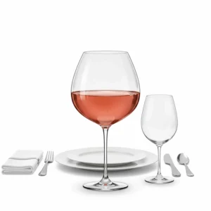 Minimalist illustration of a rose wine glass as part of a formal dinner table arrangement.