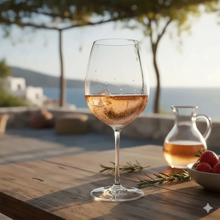 A chilled rose wine glass filled with pale pink Provence wine on a sunny outdoor patio table.