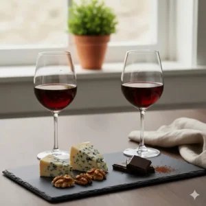 Two Port wine glasses served with dark chocolate and blue cheese for a dessert pairing.