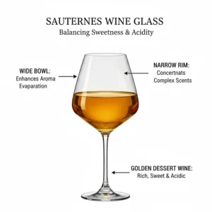 Detailed illustration of a Sauternes glass featuring a wide bowl and narrow top to balance sweetness and acidity.
