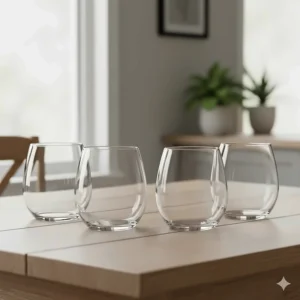 A complete set of four dishwasher-safe stemless white wine glasses arranged on a wooden table.