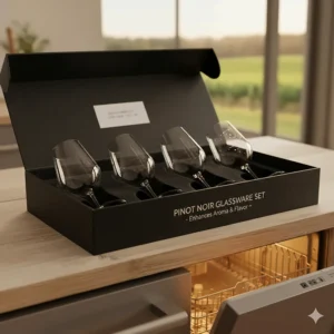 A boxed set of four dishwasher-safe Pinot Noir wine glasses for home use.