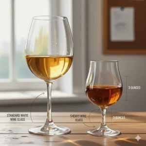 A scale comparison drawing between a standard white wine glass and a smaller 3-ounce sherry wine glass.