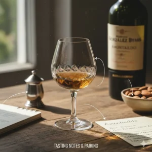 A line art illustration of a sherry wine glass alongside tasting notes and a bottle of Jerez sherry.