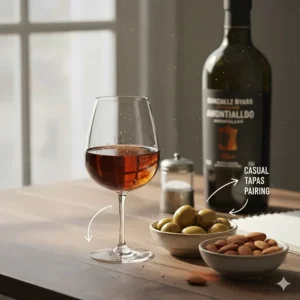 An illustration of a sherry wine glass served with a side of olives and almonds.