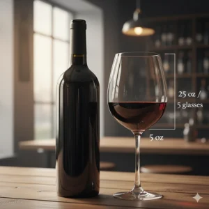 A diagram showing a standard 5-ounce pour of red wine in a glass compared to the bottle size.