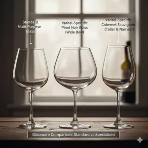 Comparison of a standard multi-purpose glass versus specialized Pinot Noir and Cabernet glasses.