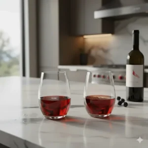 Modern stemless Pinot Noir wine glasses sitting on a marble kitchen countertop.