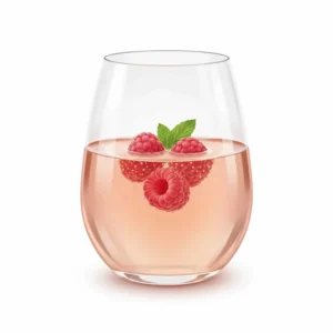 Modern stemless rose wine glass filled with sparkling pink wine and a garnish of raspberries.
