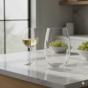 Side-by-side comparison of a traditional stemmed glass and a contemporary stemless white wine glass.