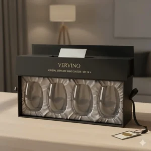 Luxury gift box packaging containing a premium set of crystal stemless white wine glasses.