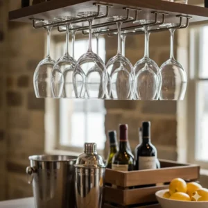 Stemware rack holding polished Port wine glasses in a home bar.