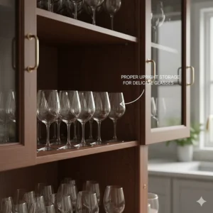 An illustration showing the proper upright storage of delicate sherry wine glasses in a glassware cabinet.