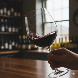 A close-up illustration of red wine being swirled in a glass to release its aromatic bouquet.