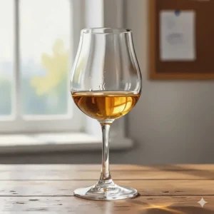 An illustration showing the traditional tulip-shaped copita sherry wine glass designed to concentrate aromas.