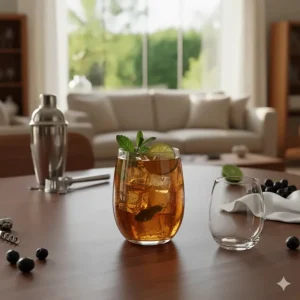 A stemless wine glass repurposed as a cocktail glass with ice, lime, and mint.