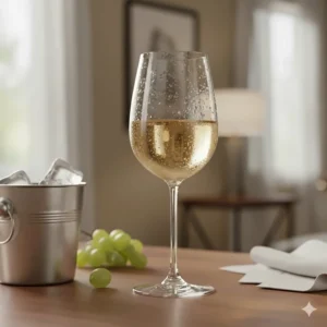 Chilled white wine in a narrow stemless glass with condensation on the side.