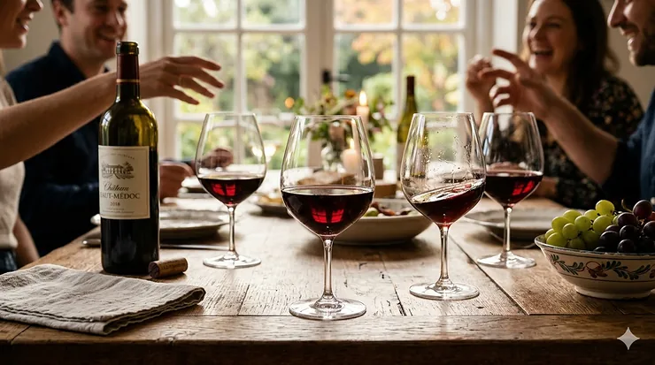 A set of elegant short stem wine glasses filled with red wine on a wooden dining table during a dinner party.