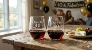 Two personalized stemless wine glasses with "Cheers to 40 Years" etched in a modern font.